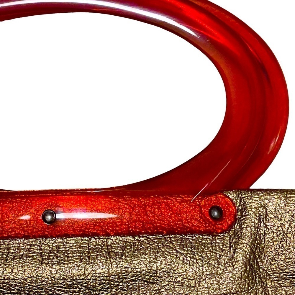 Vintage 60s Large Gold Metallic Tote Bag Clutch Purse With Orange Lucite Handles - Picture 8 of 10